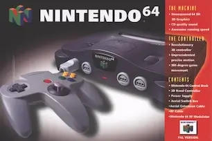 Boxed Nintendo 64 console set with controller and packaging details, highlighting features like 64-bit graphics and 3D gameplay—ideal for retro game collectors.